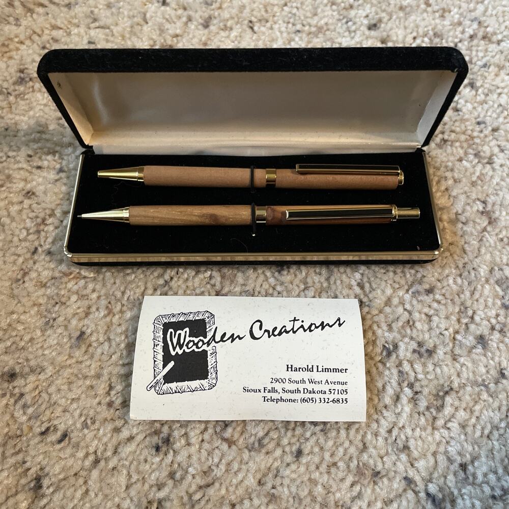 Handmade Brown Cherry Wood Pen and Pencil Set in Case Done By Artist